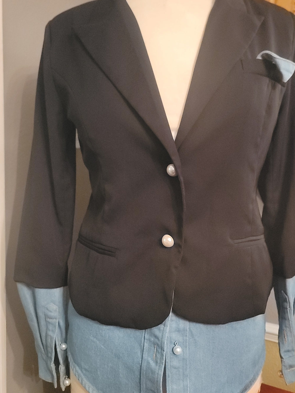 Black Women's Blazer with Denim Trim